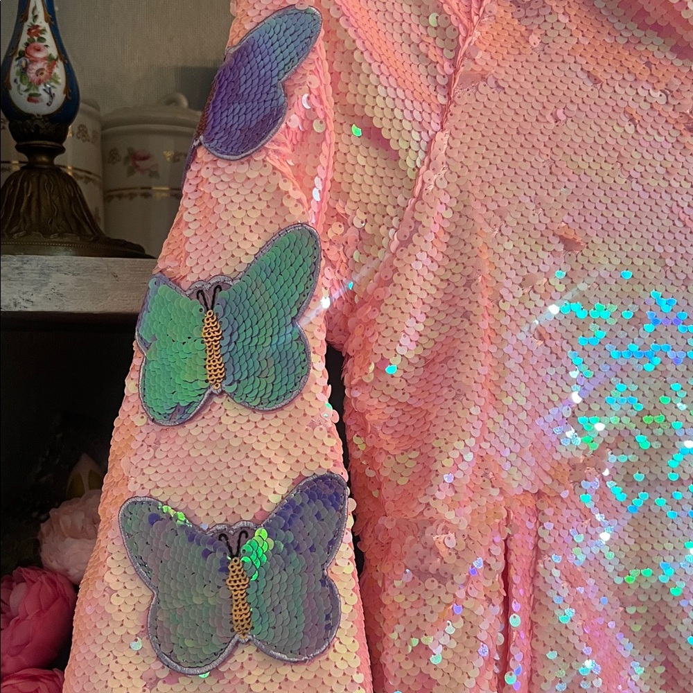Pink Sequin Jacket with Butterfly Patches custom made by 3 wildflower designs !! - Picture 3 of 13